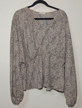 Chicsoul Leopard Print Peplum Blouse Cream Black Bishop Sleeve Women's Size 3X